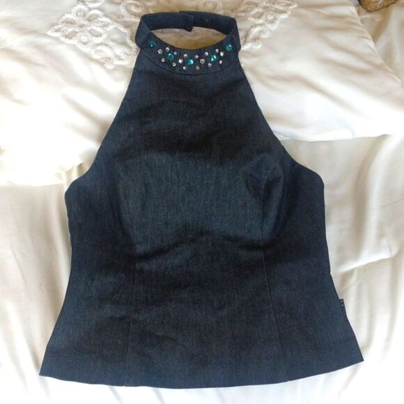 XOXO Denim Jewelled  Neck Halter Top - Picture 1 of 11